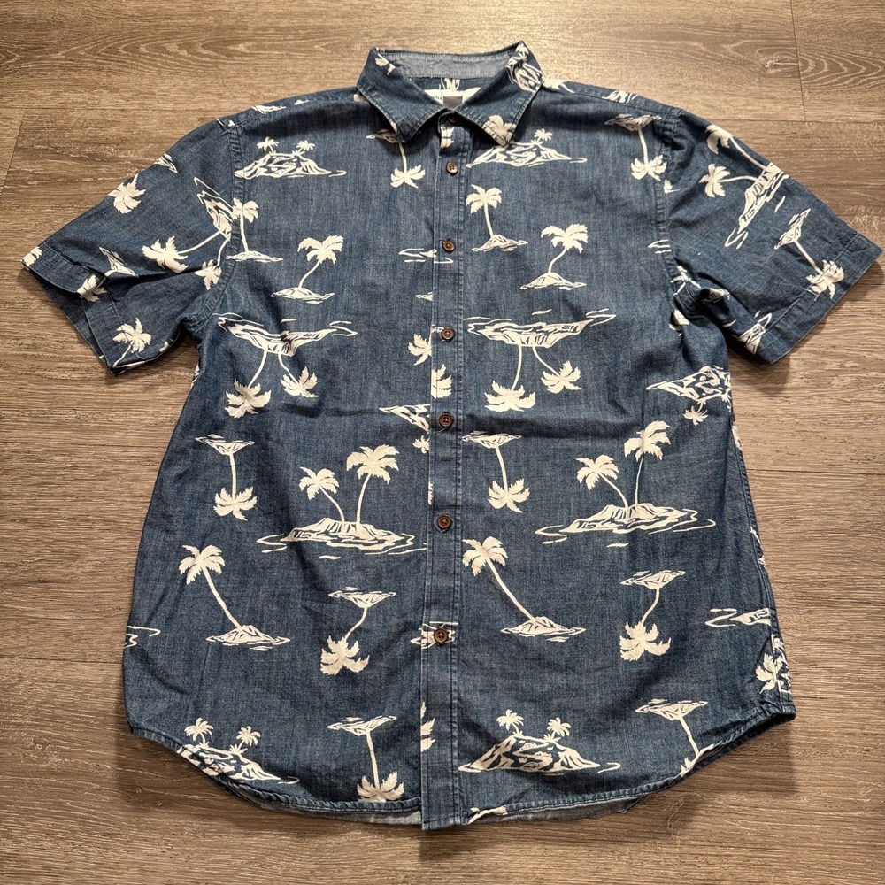 Old Navy Shirt Mens Medium Blue Floral Hawaiian Short Sleeve Button Up‎ Cotton